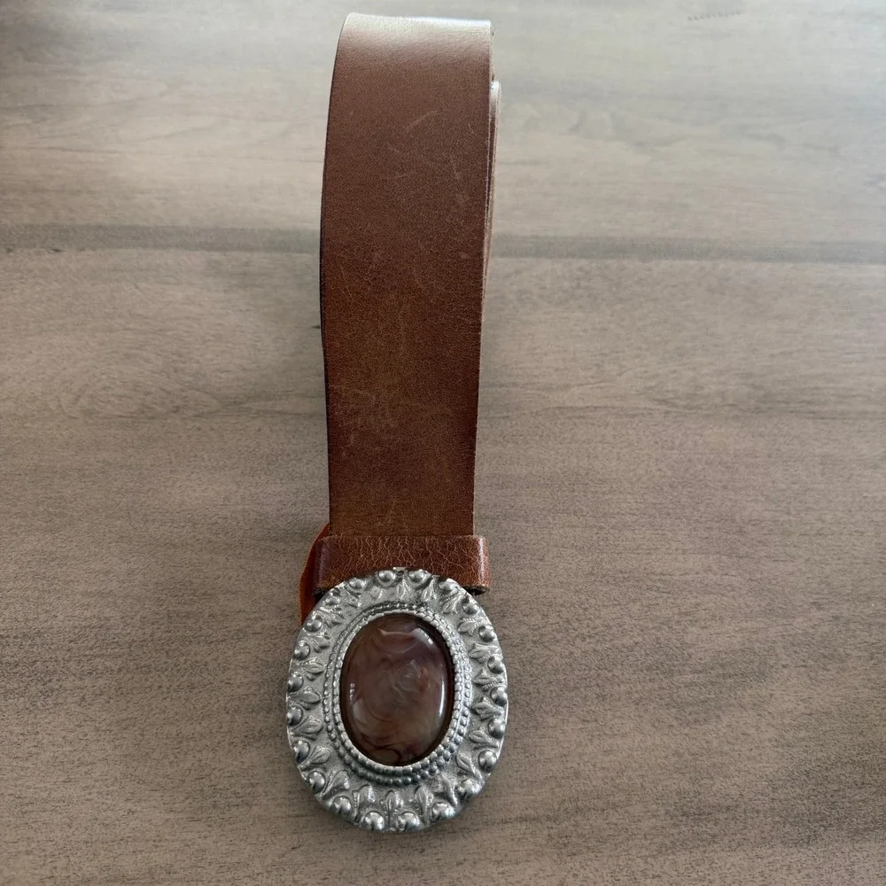 Vintage Brazilian Leather Belt Silvertone Oval Buckle Agate Stone Tan Western L